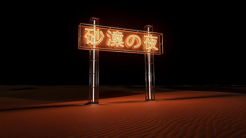 Neon Desert Sign — Massive glowing Japanese neon sign standing alone in a dark desert at night, warm neon lig