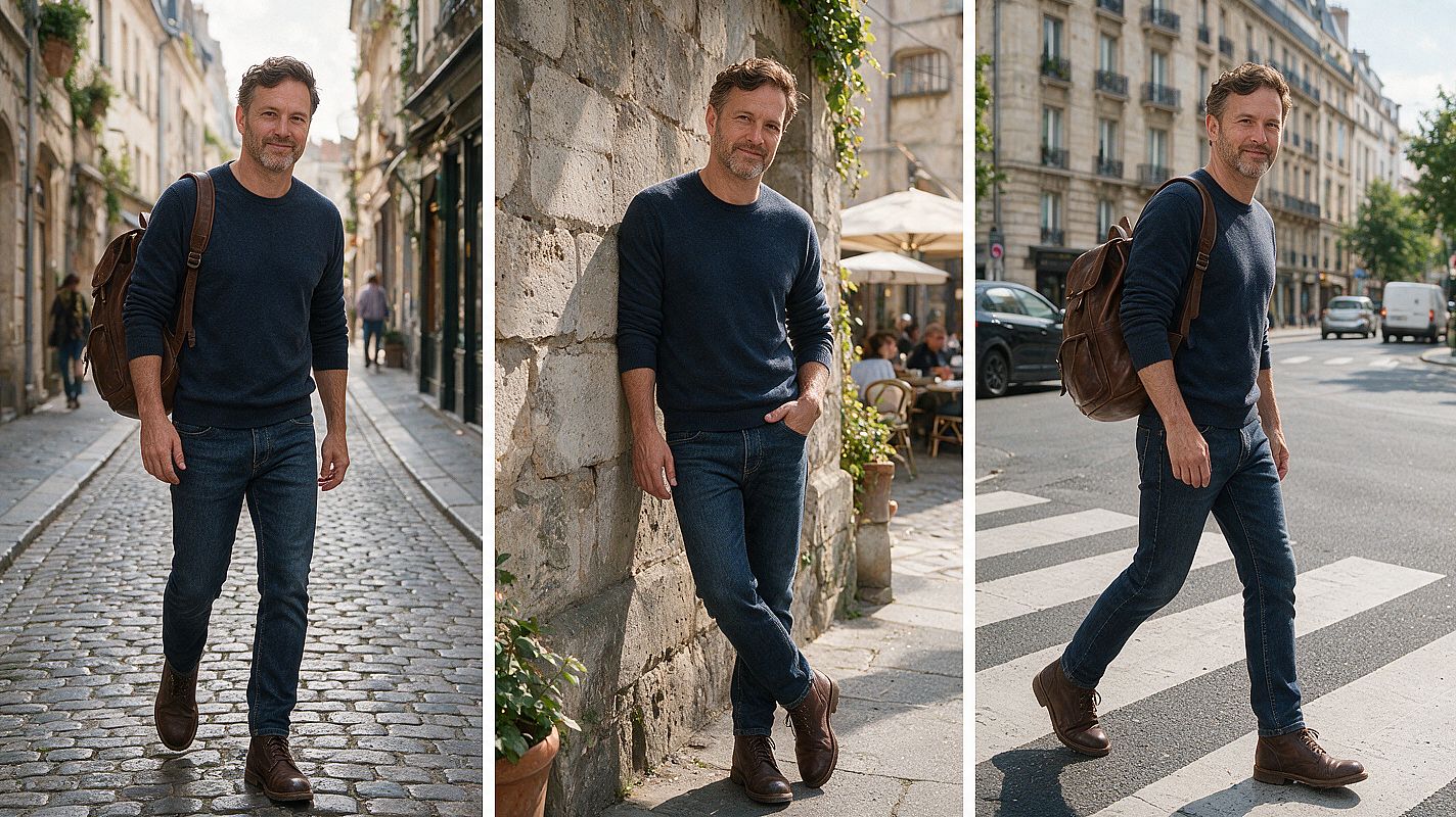 Seedream 5.0 Pro keeps the same man, navy sweater, blue jeans and leather backpack across three street shots