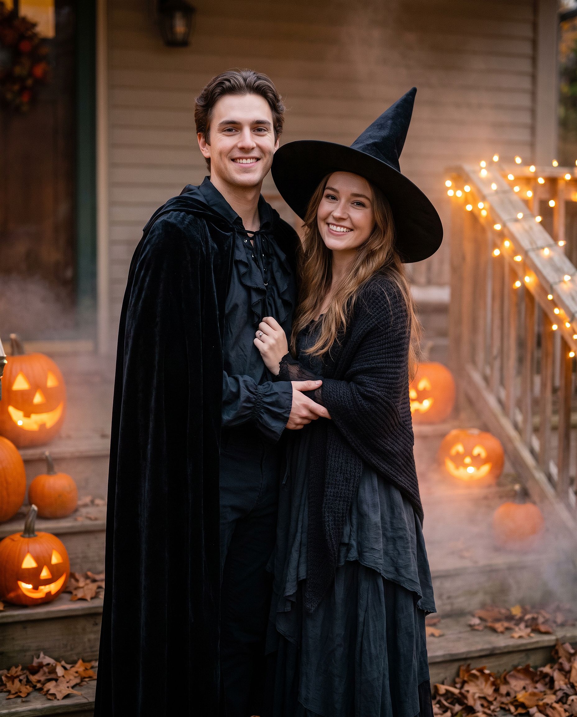 a couple in coordinated vampire and witch Halloween costumes on a porch with jack-o'-lanterns