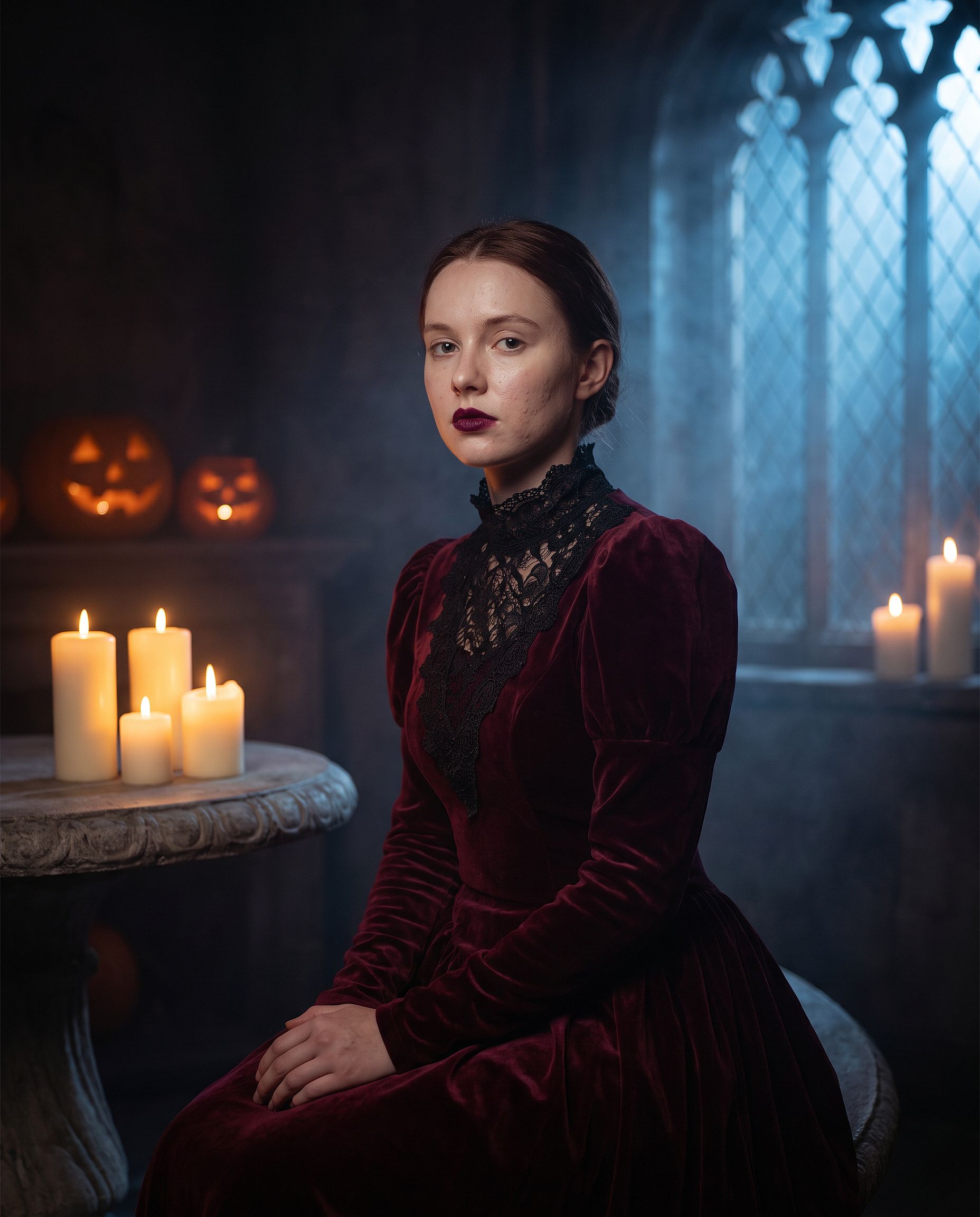 a selfie restyled into an elegant vampire Halloween portrait in a candlelit gothic room