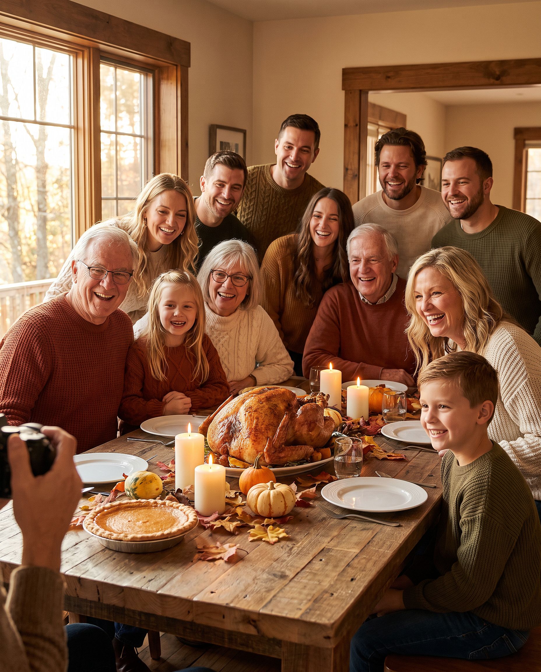 a family photo restyled into a warm Thanksgiving dinner scene with a roast turkey and autumn decor