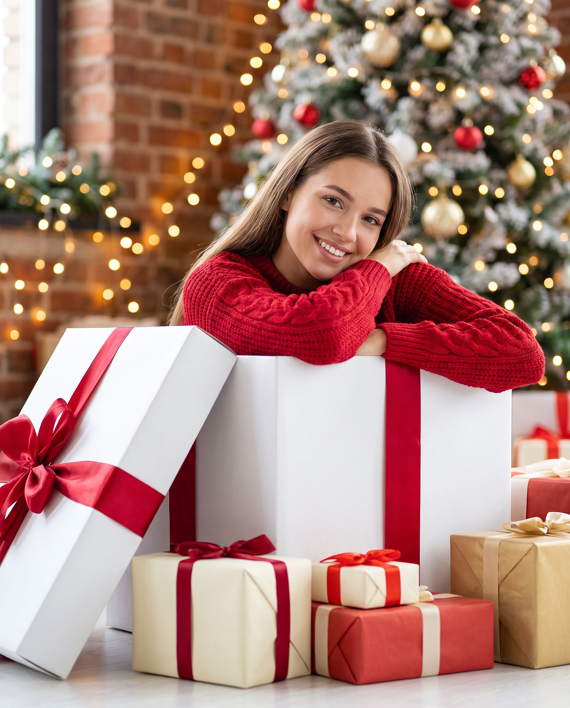 a portrait edited into a Christmas box photoshoot with a giant gift box and fairy lights