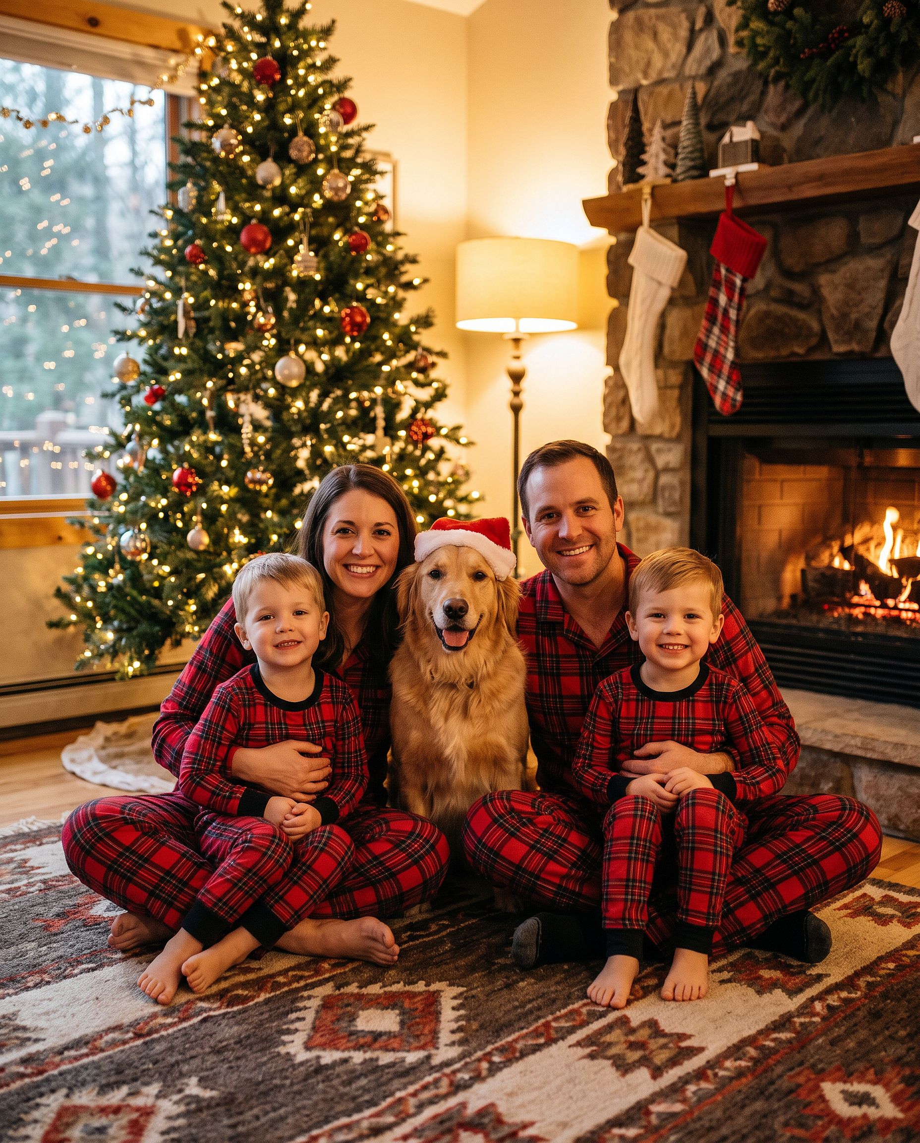 a family and their dog in matching plaid pajamas edited into a Christmas photoshoot by the tree