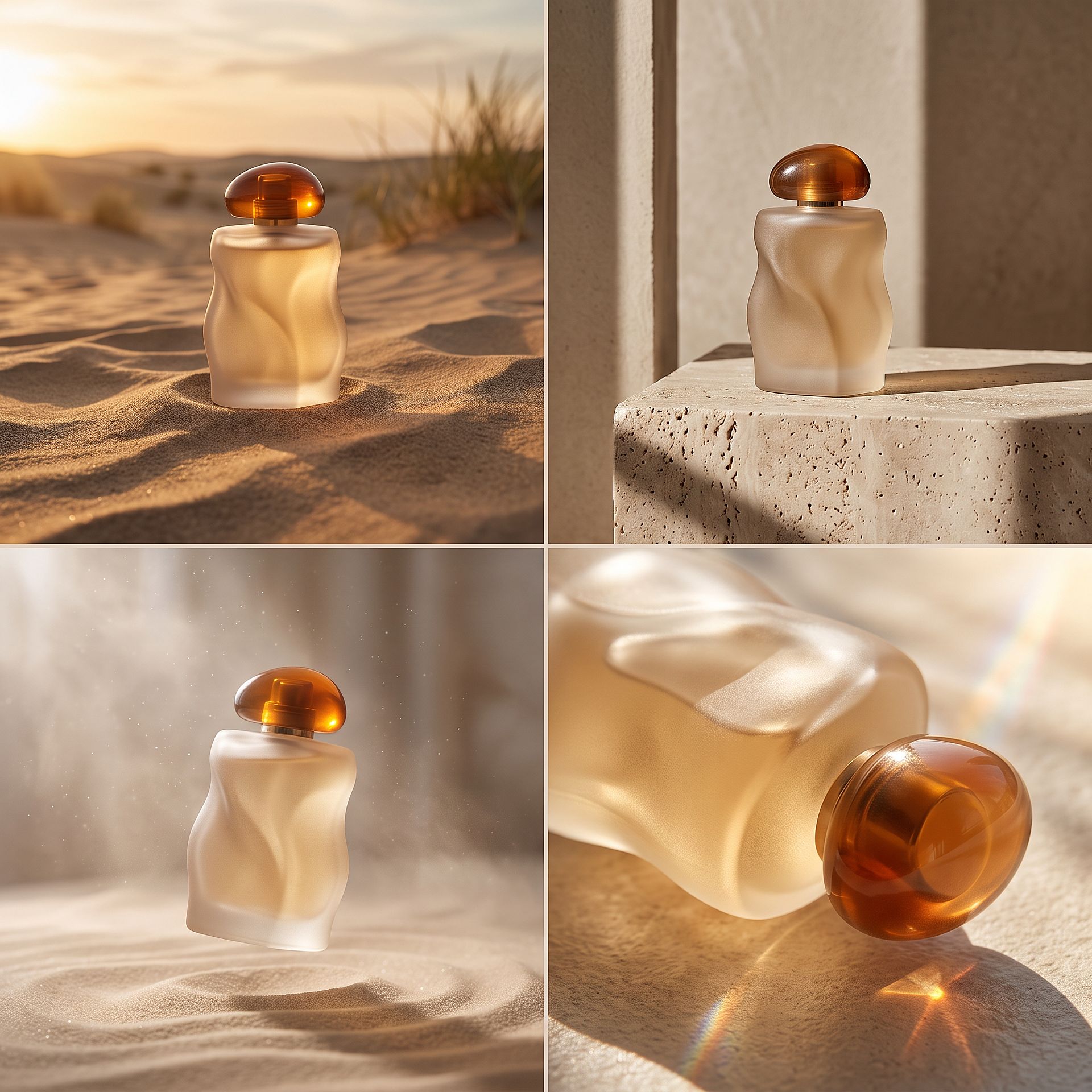 Four-image perfume bottle moodboard generated with Nano Banana 2.1 through OpenArt MCP