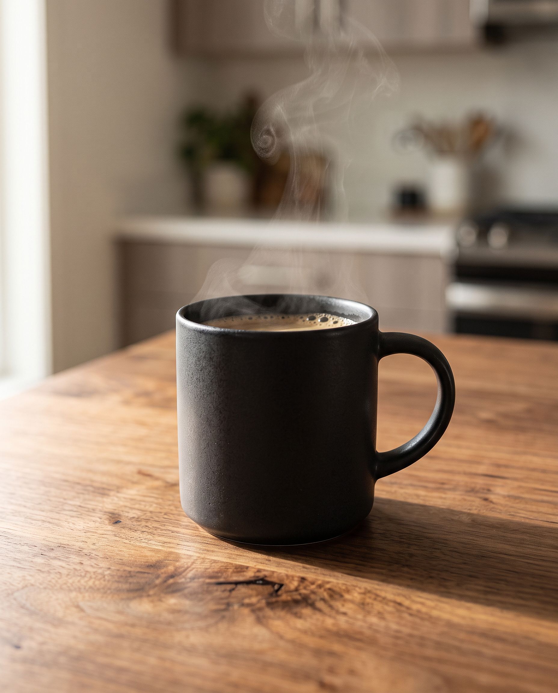 Matte black coffee mug on a walnut table generated with Nano Banana 2.1