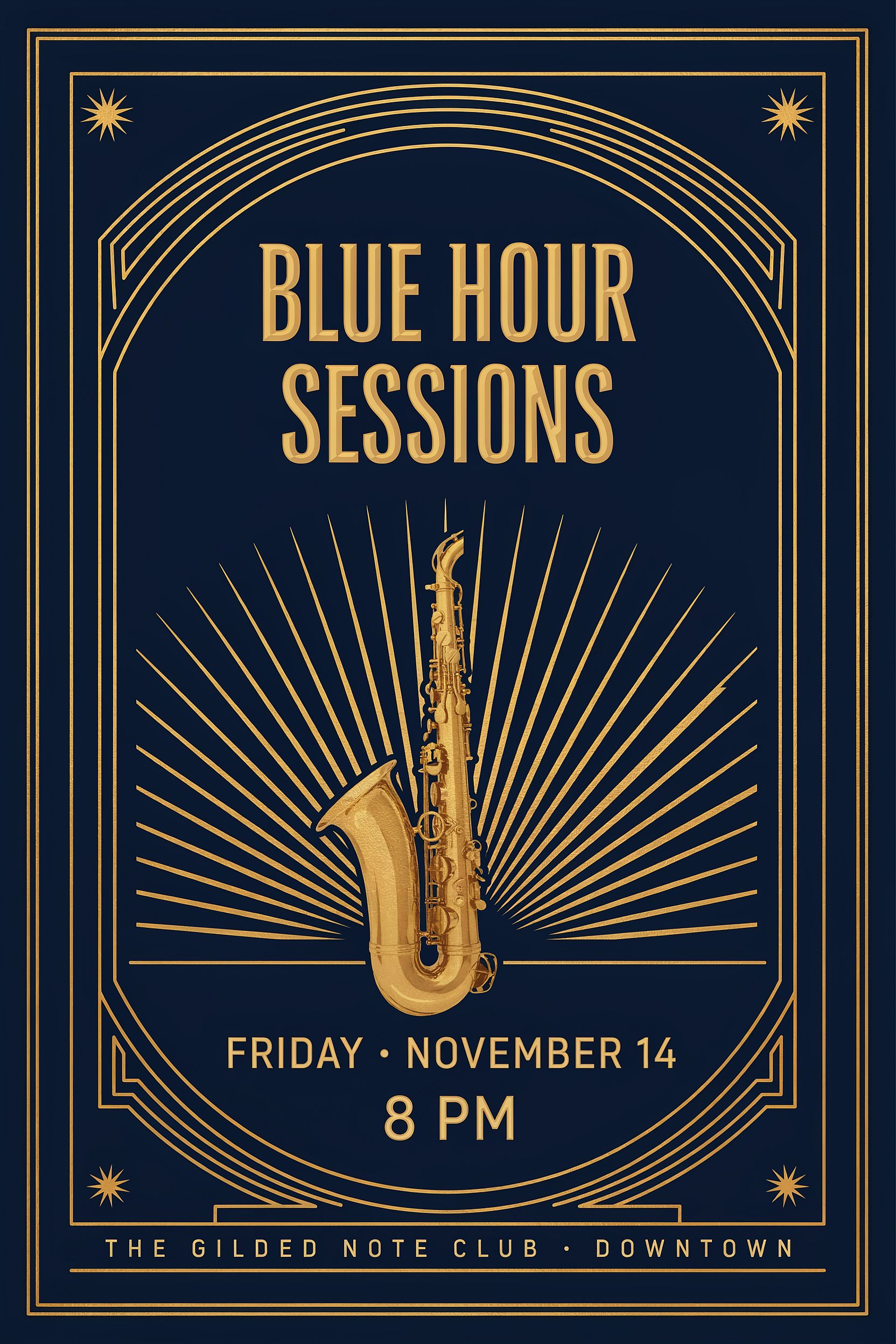 Art deco jazz night poster with gold lettering generated with Ideogram 4.5