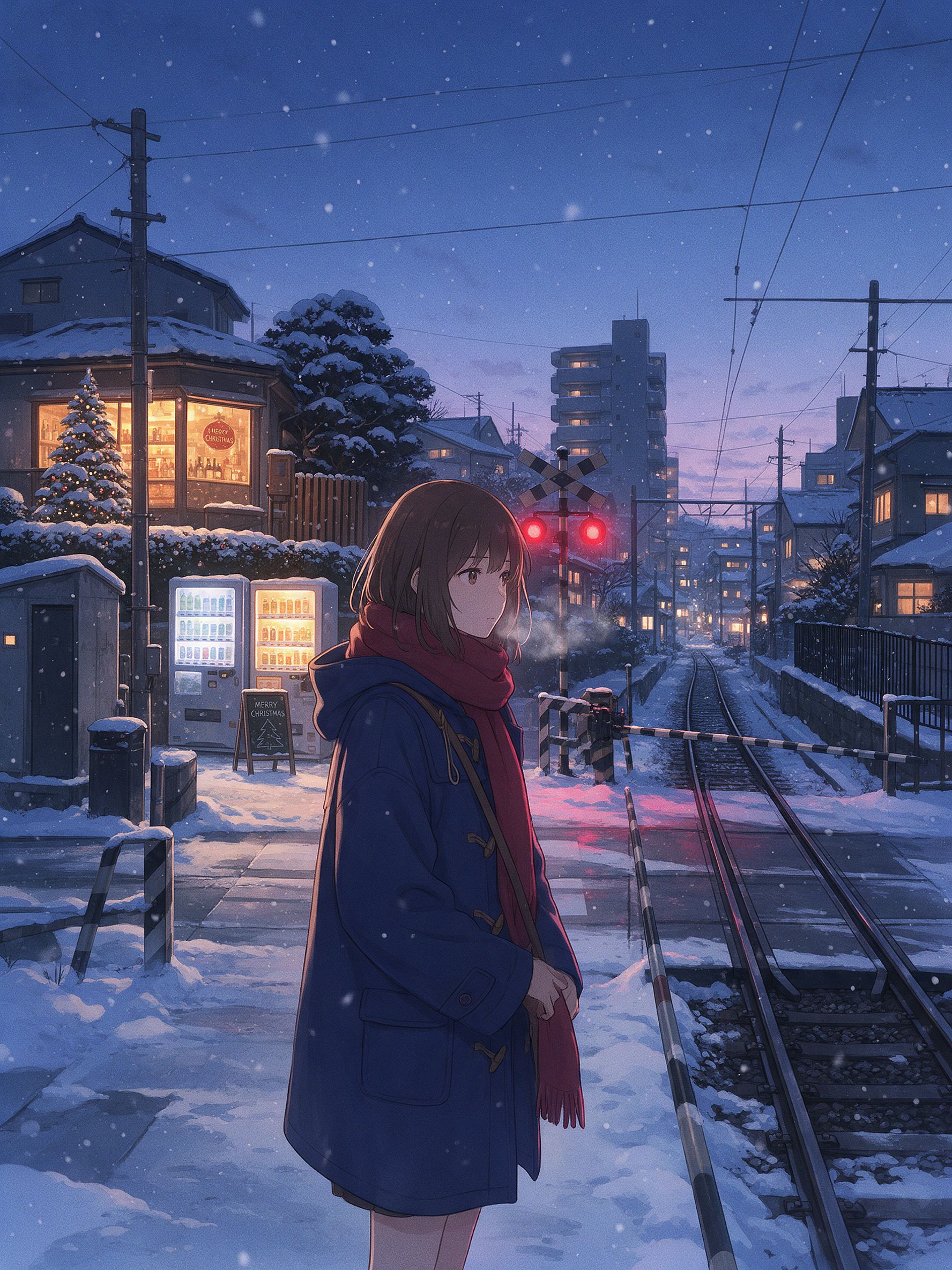 an anime Christmas Eve scene of a girl in a red scarf at a snowy railroad crossing in a Japanese town