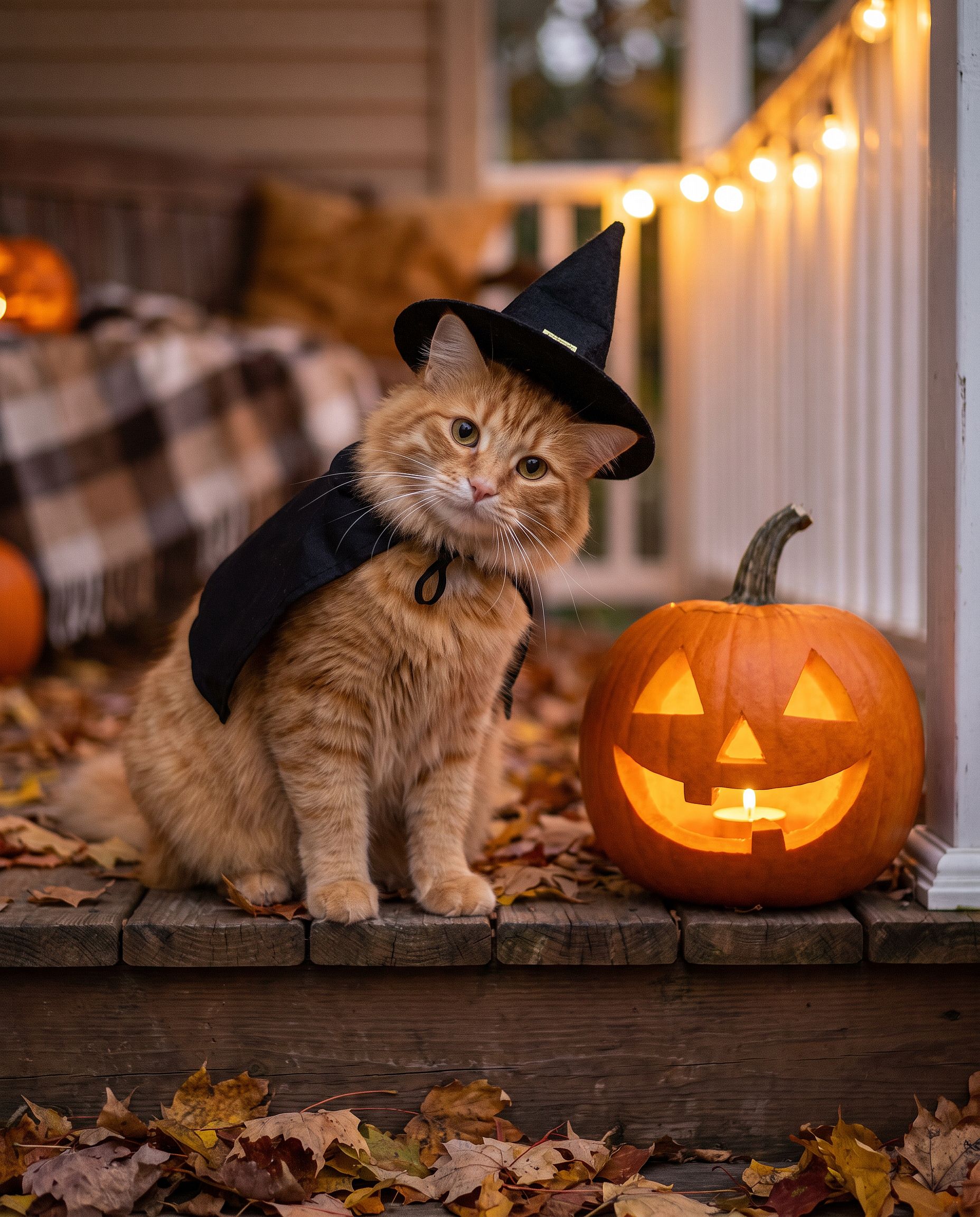 a cat in a witch hat and black cape next to a glowing jack-o'-lantern