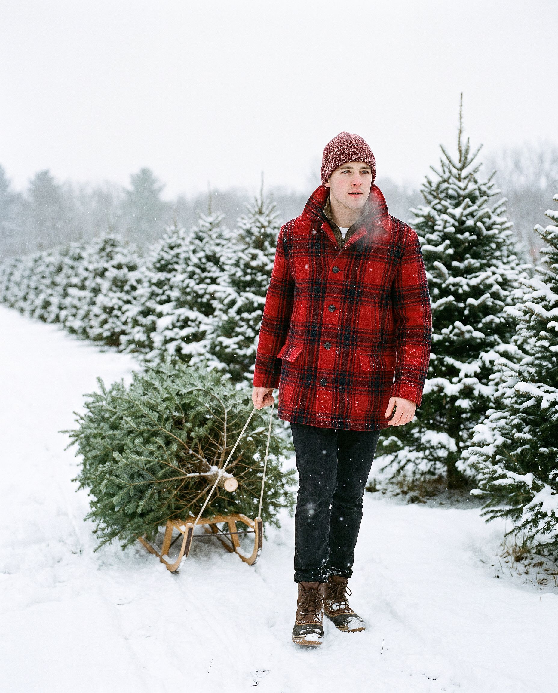 a man pulling a freshly cut tree on a sled at a snowy Christmas tree farm