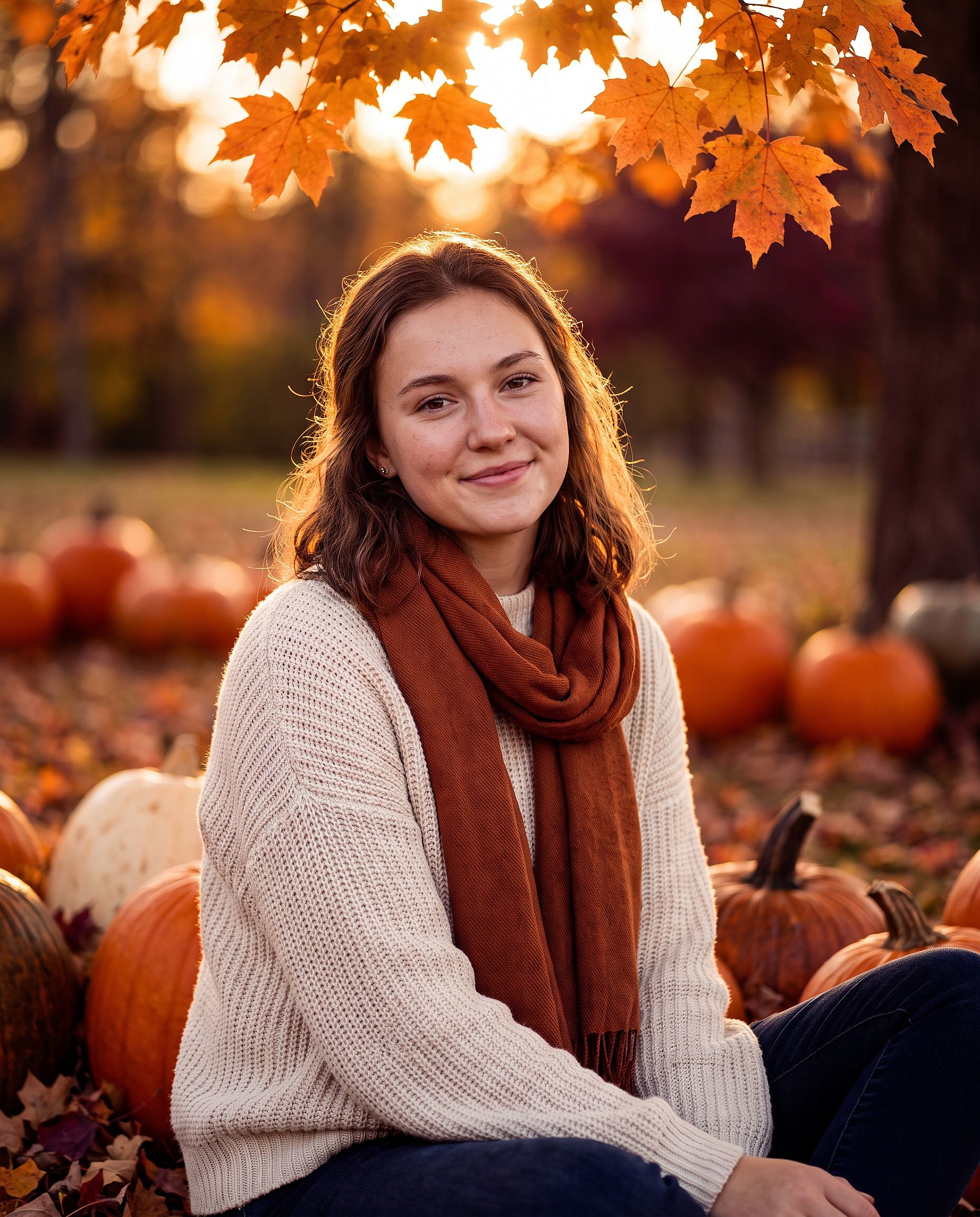 an autumn Thanksgiving portrait of a woman in a pumpkin patch at golden hour