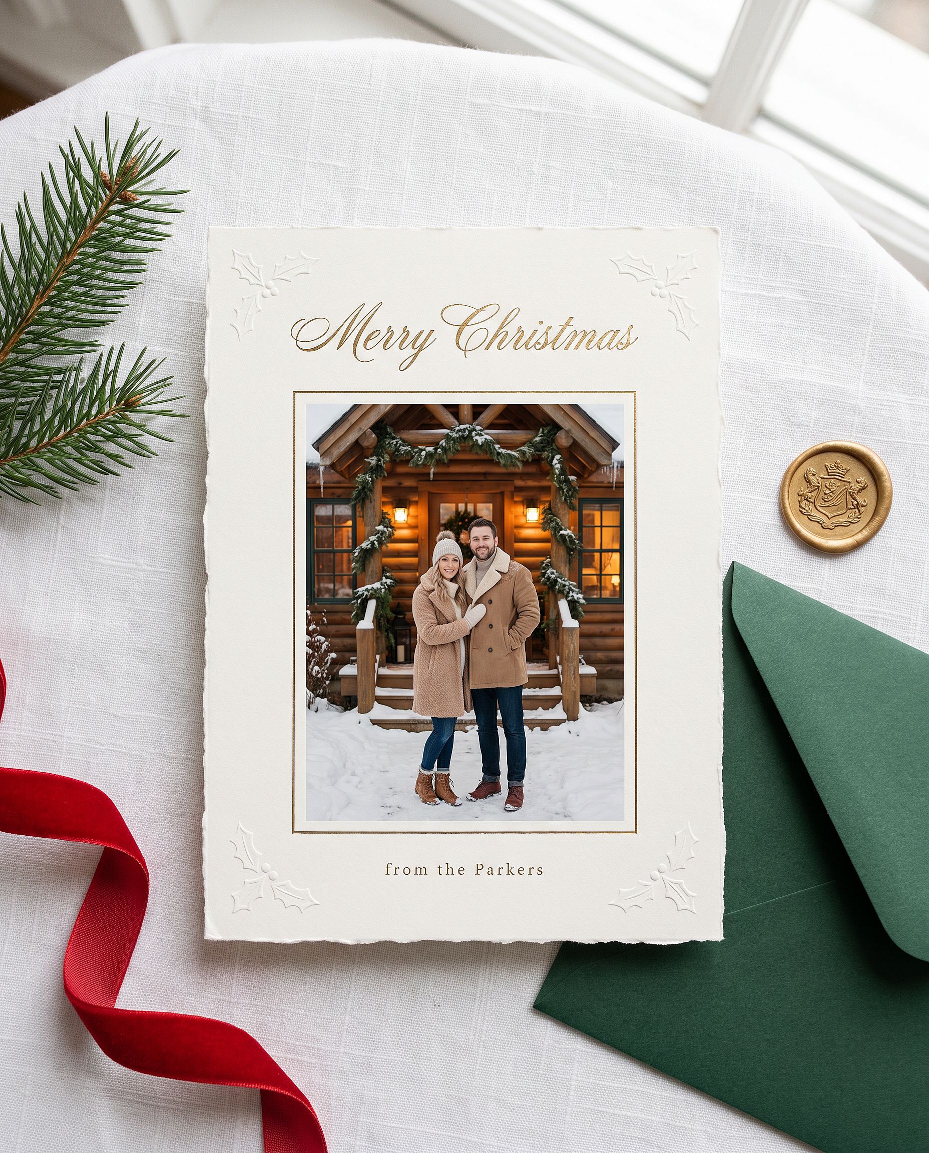 a luxury AI Christmas photo card with gold foil calligraphy, a couple at a snowy cabin, pine and a wax seal