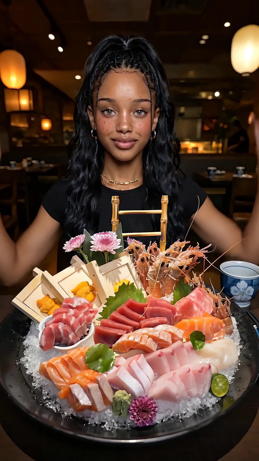 Food reveal after frame: the same framing with a sashimi platter