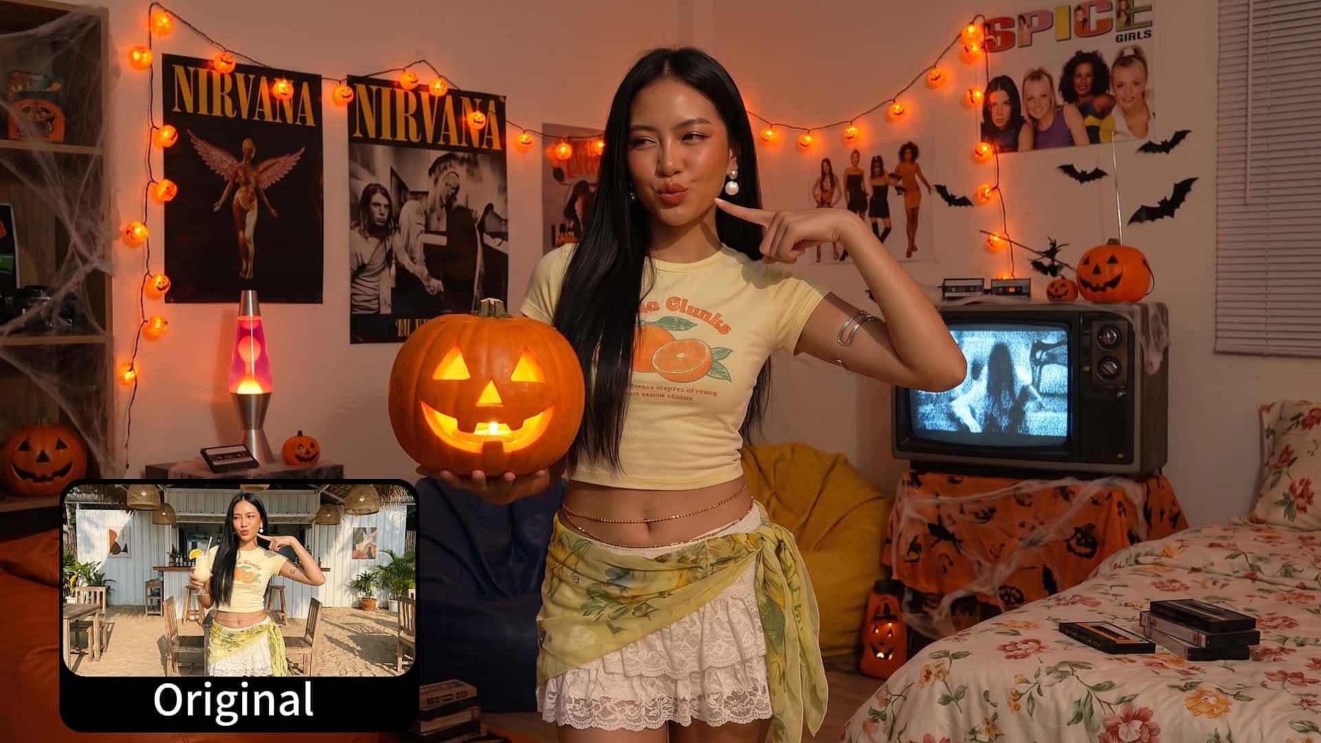 Halloween-themed photo transformation featuring a woman holding a glowing pumpkin, with the original photo shown in the corner