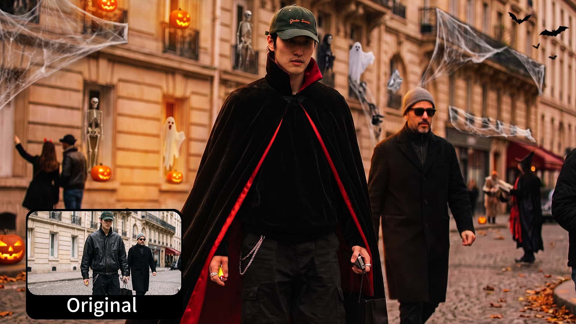 Person wearing a vampire cape on a Halloween-decorated street, with the original photo inset