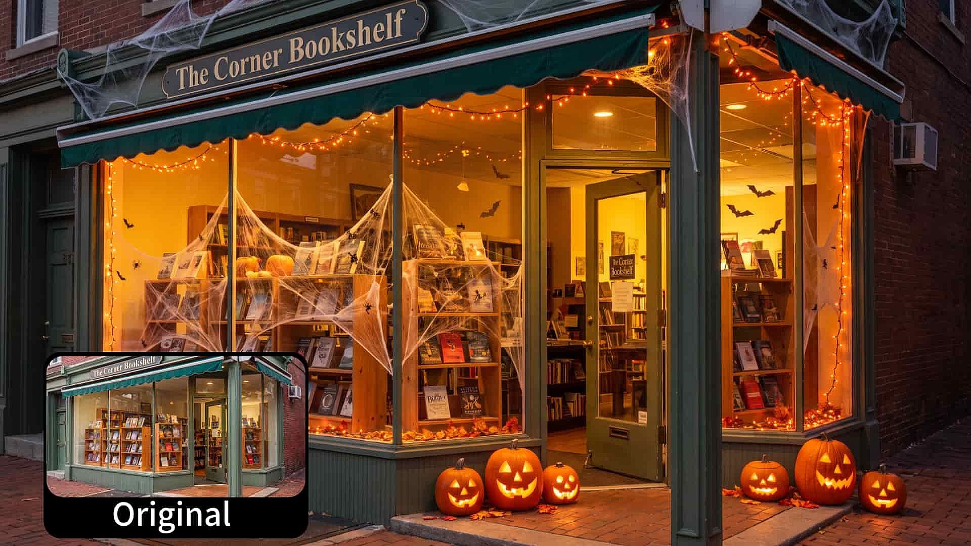 Storefront decorated with glowing pumpkins, cobwebs, and orange lights, with the original photo inset