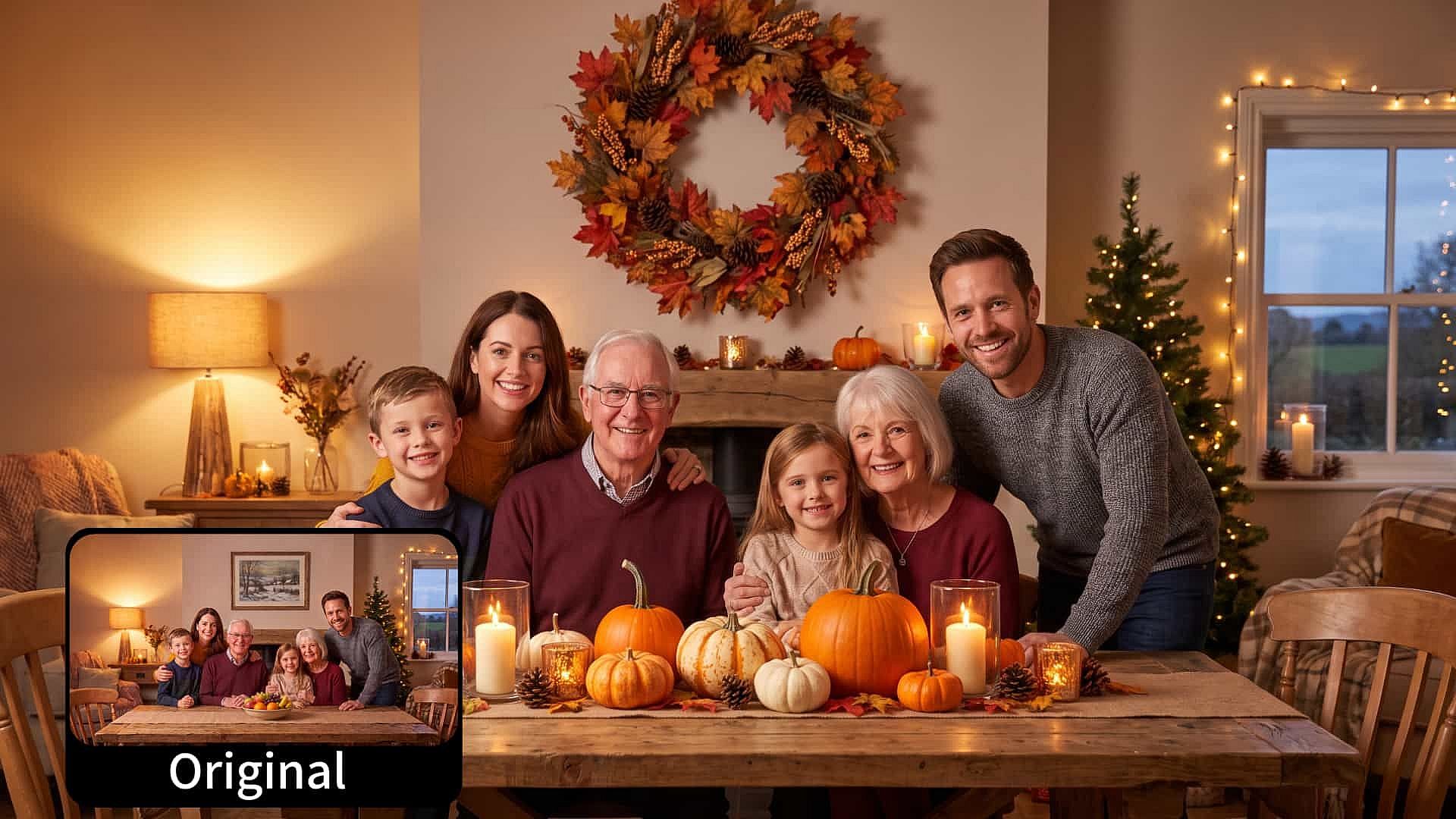 Family posing around a Thanksgiving table while displaying an earlier family photo on a tablet.