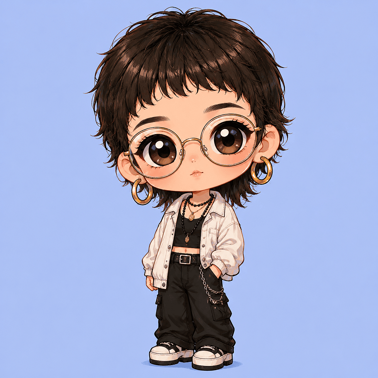 Chibi girl with oversized round head and tiny body generated from the five-slot prompt formula, kawaii style, pastel pink background