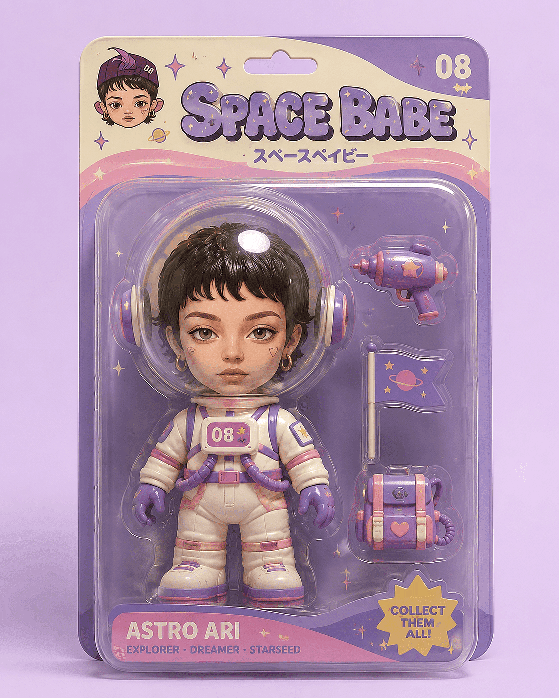 3D chibi astronaut figure with glossy vinyl toy finish displayed in a blister pack