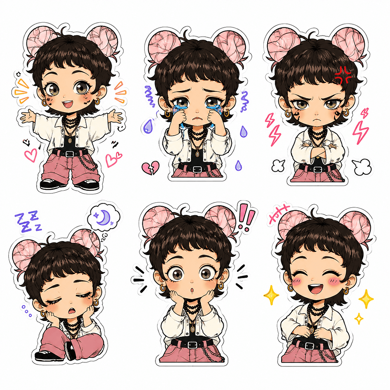 Chibi girl with oversized round head and tiny body generated from the five-slot prompt formula, kawaii style, pastel pink background