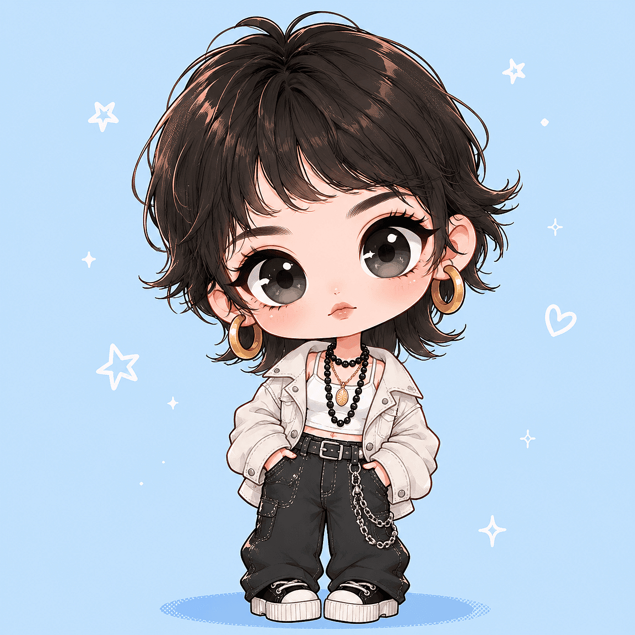 Chibi girl with oversized round head and tiny body generated from the five-slot prompt formula, kawaii style, pastel pink background