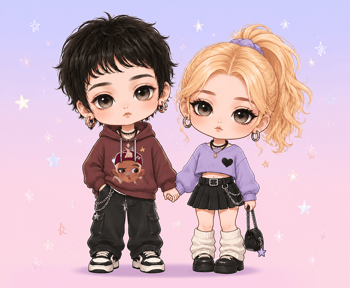 Chibi girl with oversized round head and tiny body generated from the five-slot prompt formula, kawaii style, pastel pink background