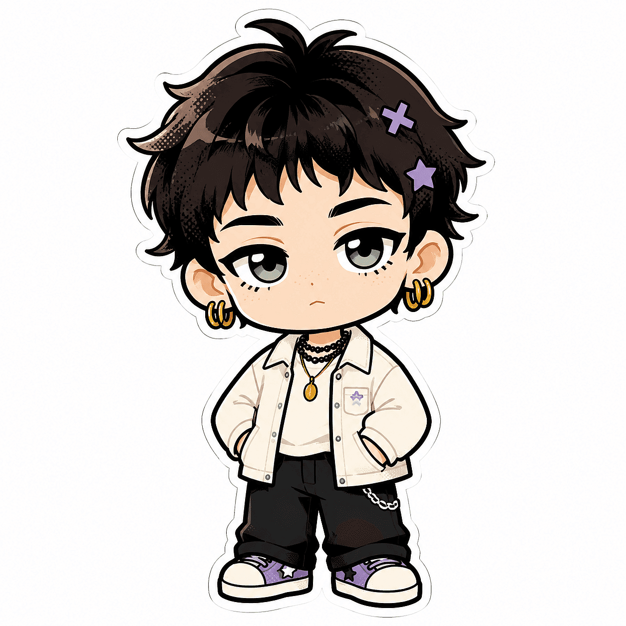2D flat chibi boy sticker with cel-shaded flat color and white background