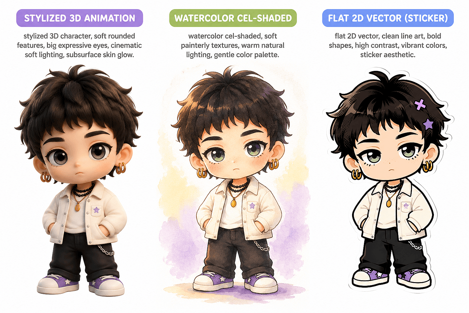 Side-by-side comparison of stylized 3D animation chibi and watercolor storybook chibi in the same pose