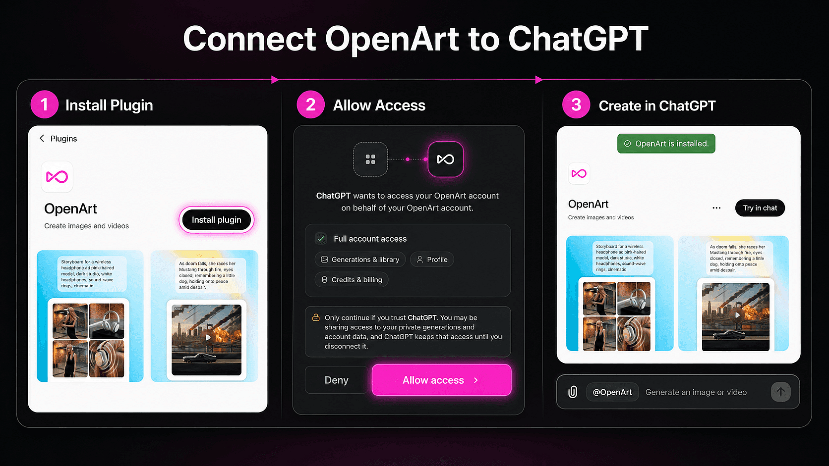 Connect OpenArt to ChatGPT: install the plugin, allow access, and create images or videos with @OpenArt