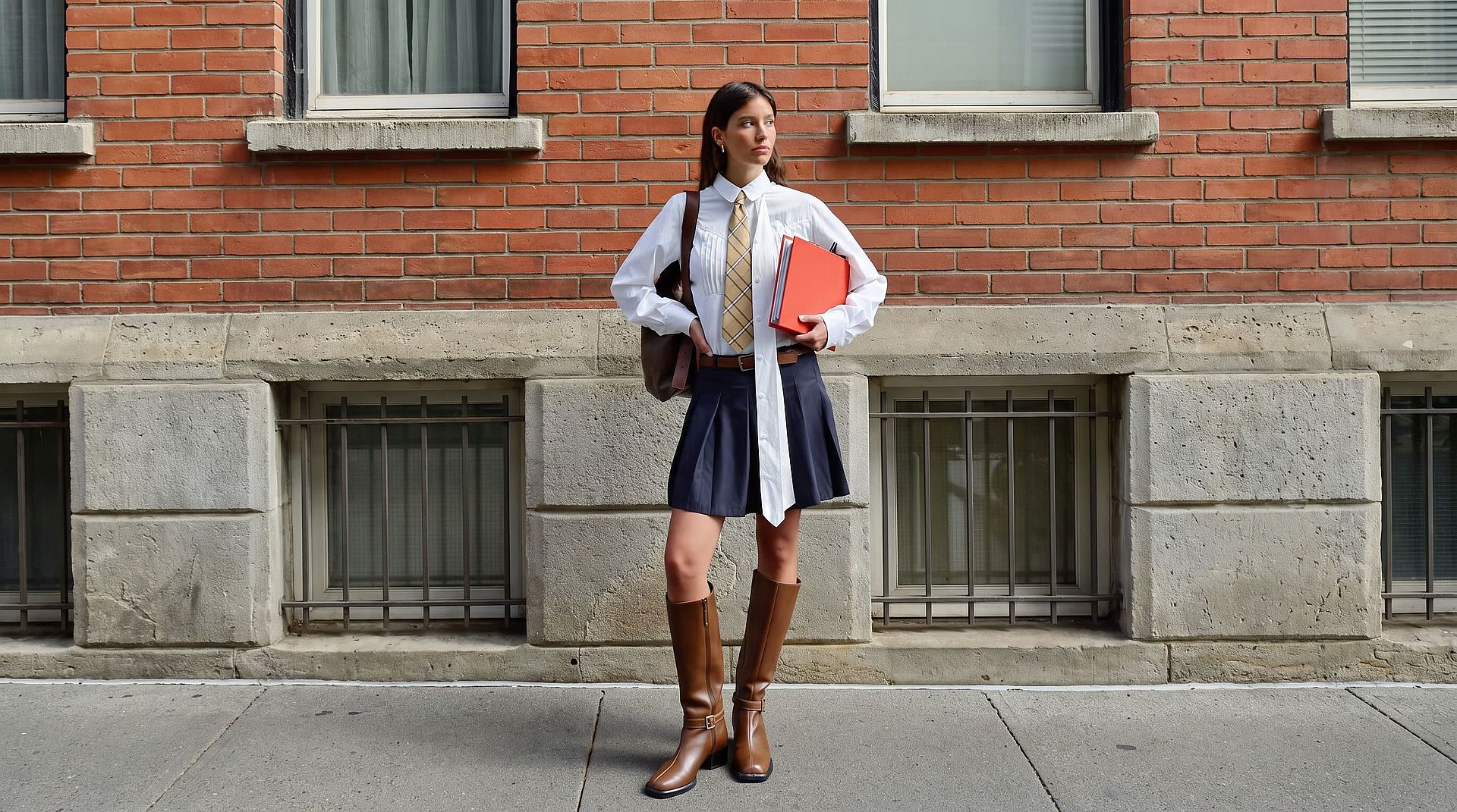 Before: woman in white shirt, tie and navy pleated skirt by a brick wall