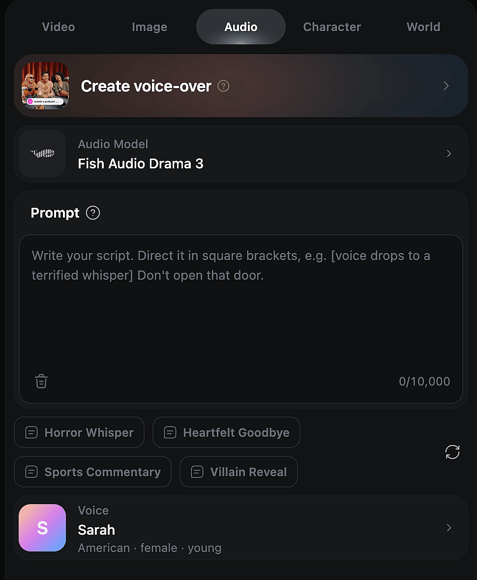 Screenshot of OpenArt's Create Voice-over tool.