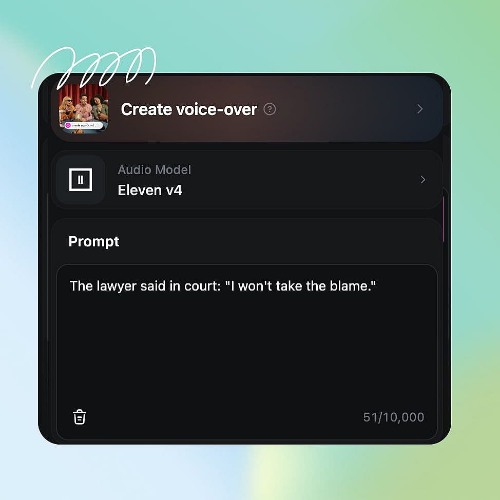 Screenshot of the Eleven v4 voice-over editor with a script entered in the prompt field.
