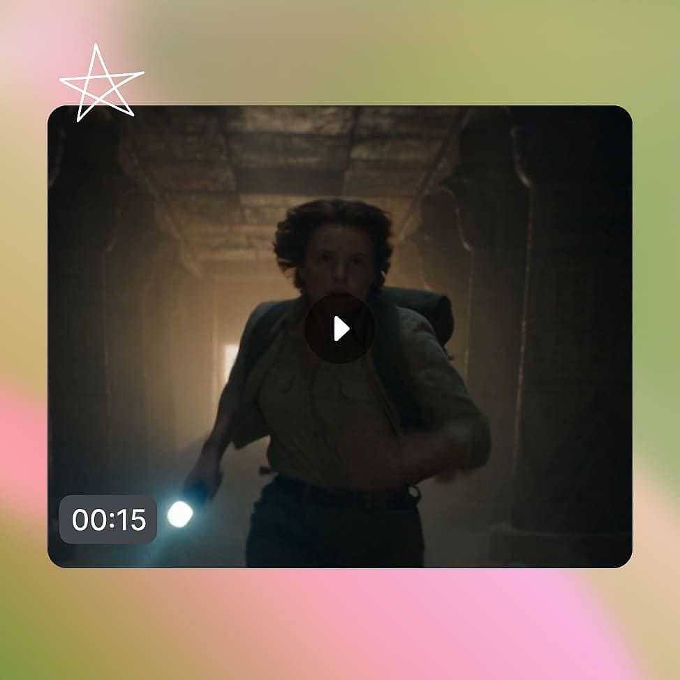 Screenshot of a 15-second video draft preview showing a person with a flashlight in a dark corridor.