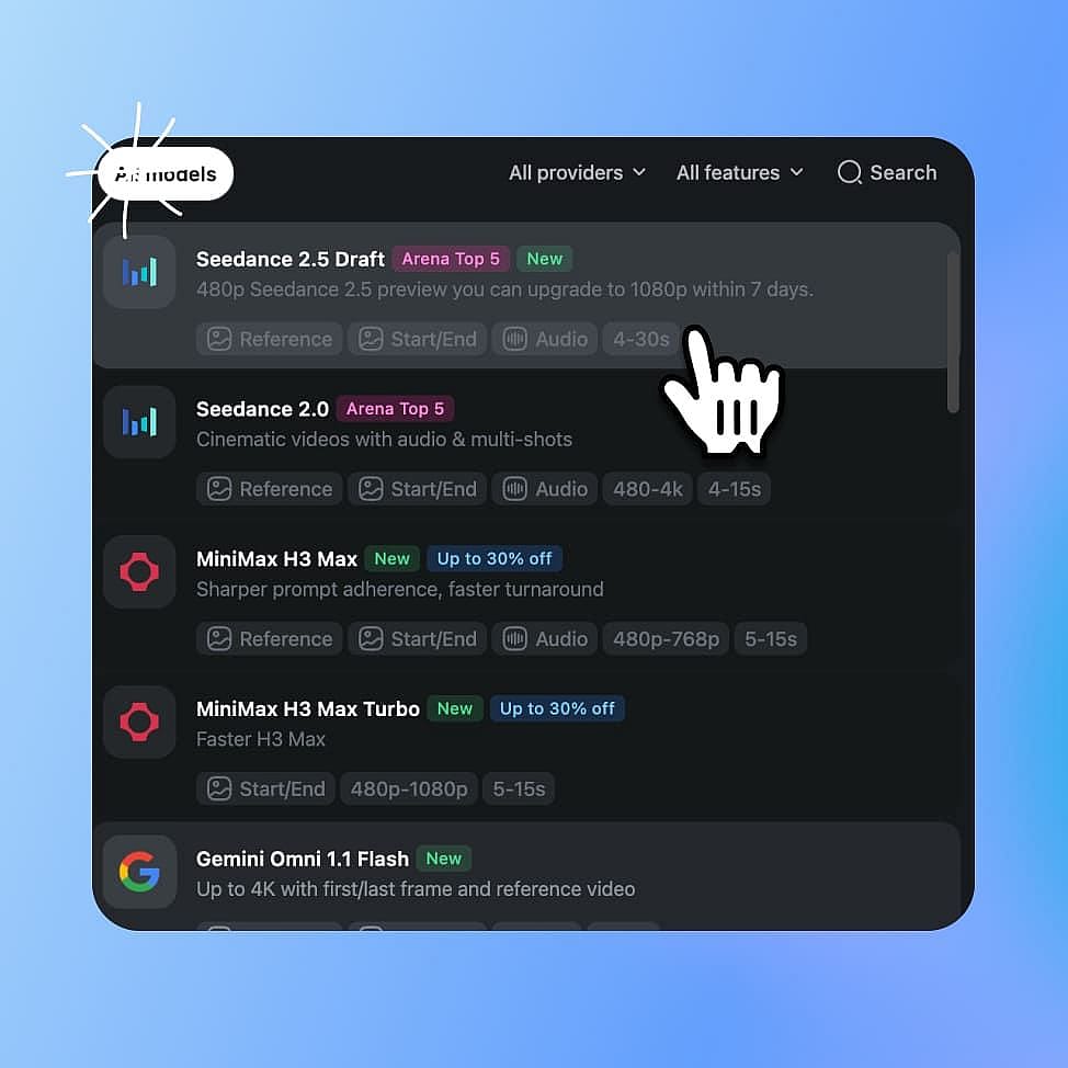 Screenshot of the OpenArt video model menu showing the Seedance 2.5 Draft option.