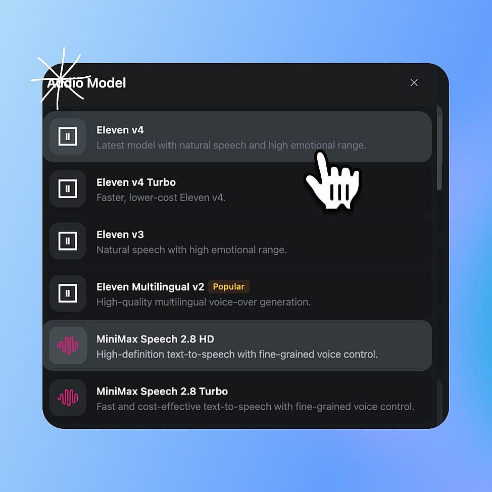Screenshot of the OpenArt audio model menu used to select Eleven v4 for voice-over generation.