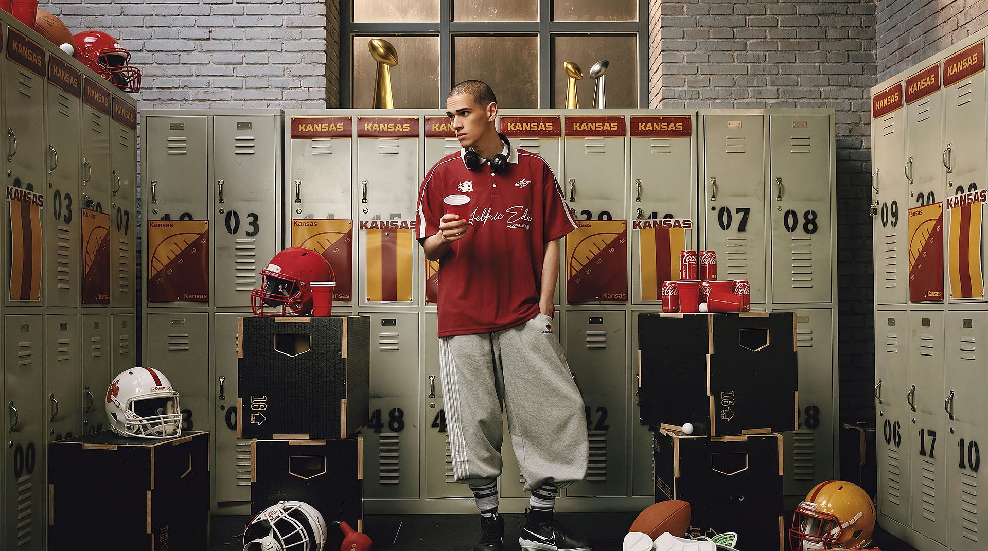 Before: young man in red polo jersey and grey track pants in a locker room