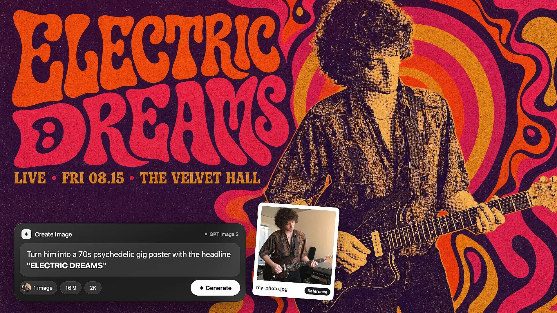 OpenArt AI graphic design generator: an uploaded reference photo of a guitarist plus a prompt in the Create Image chat turns into a 70s psychedelic gig poster titled ELECTRIC DREAMS