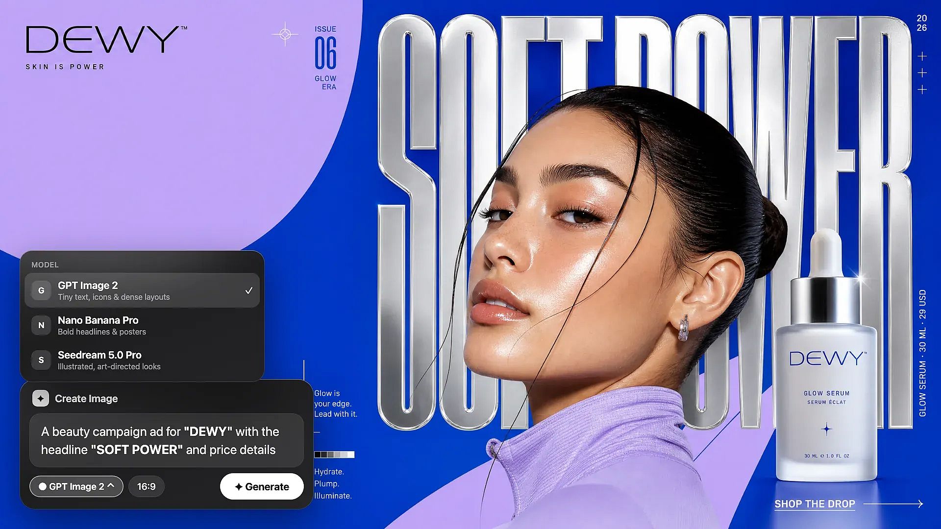 OpenArt AI graphic design generator: picking GPT Image 2 in the Create Image model menu to make a beauty campaign ad for DEWY with the headline SOFT POWER
