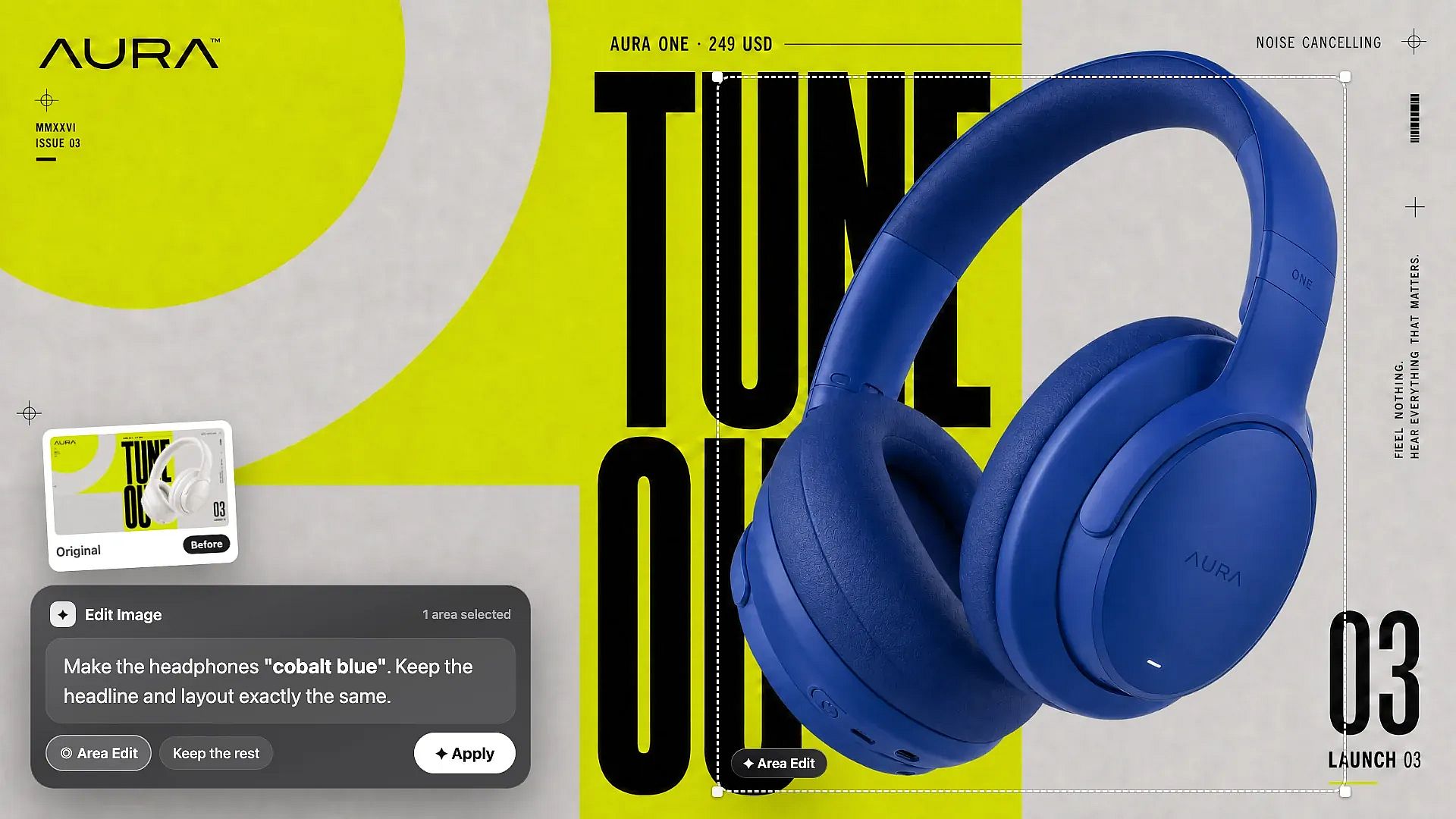 OpenArt AI graphic design generator: Area Edit in OpenArt Edit Image changes only the headphones to cobalt blue on the AURA TUNE OUT launch poster while the headline and layout stay the same