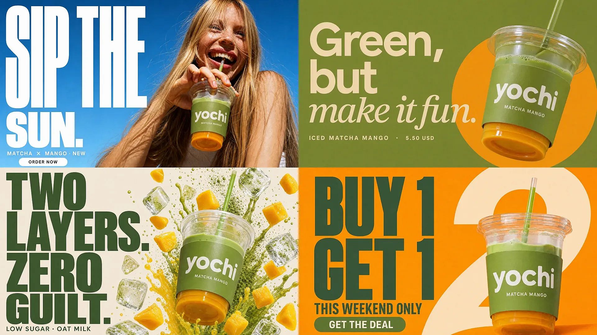 OpenArt AI graphic design generator: four performance ad variants for the yochi matcha mango drink with different headlines and backgrounds, made from one product photo for A/B testing