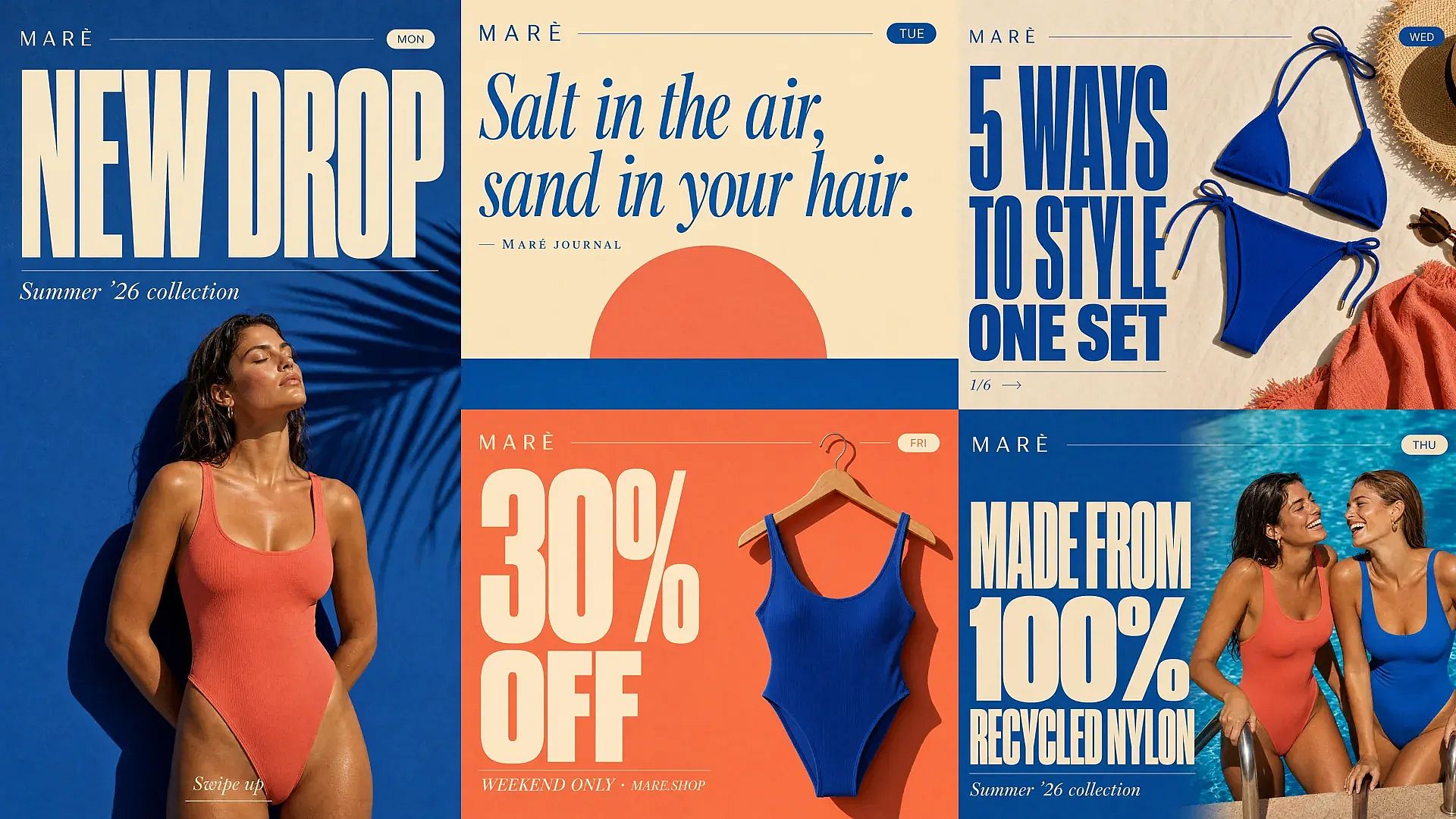 OpenArt AI graphic design generator: a week of social media graphics for the MARÈ swimwear brand in one matching style, including an Instagram story, quote card, carousel cover, announcement post and promo post