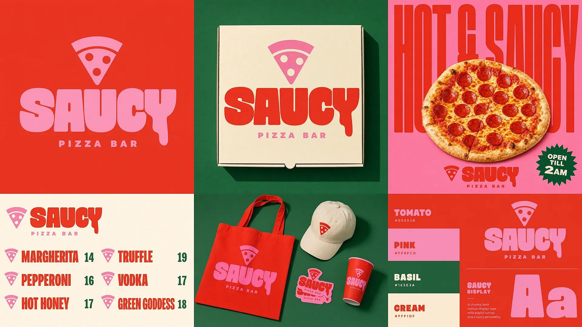 OpenArt AI graphic design generator: brand identity for the SAUCY pizza bar, including primary logo, pizza box, street poster, menu, merch and brand color palette in one consistent style