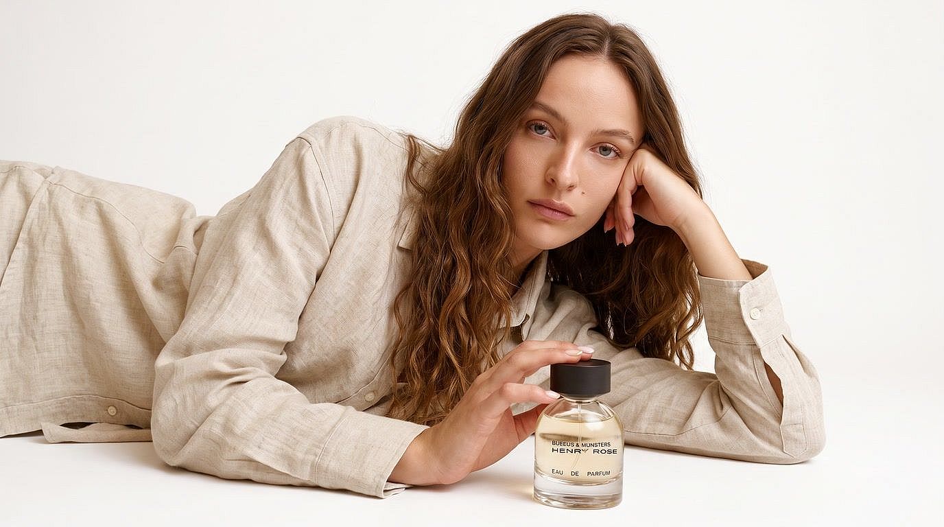 Before: perfume ad photo of a woman with long brown wavy hair lying on a white floor in a linen shirt