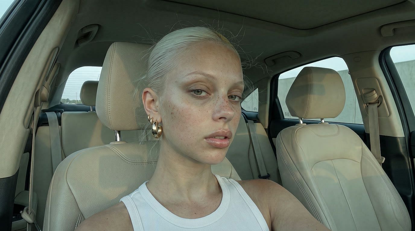 Before: unretouched straight-out-of-camera car selfie portrait with flat dull colors, cool cast and uneven skin