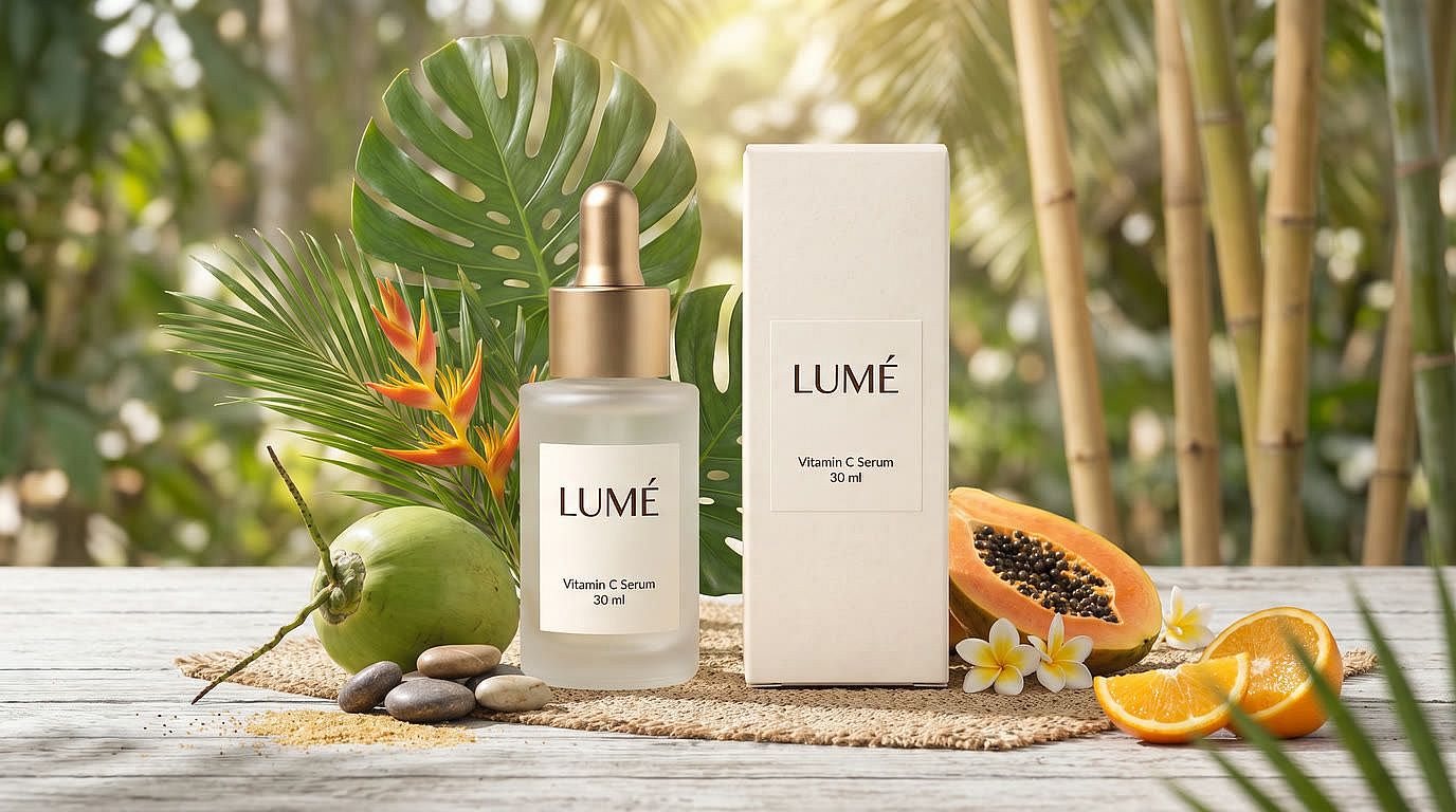 After: the same LUMÉ serum bottle and box placed in a sunlit tropical scene with monstera leaves, papaya, coconut and frangipani, edited with OpenArt AI photo editor