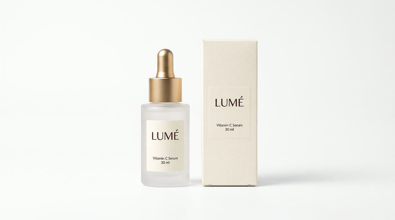 Before: LUMÉ vitamin C serum bottle and box on a plain white e-commerce background