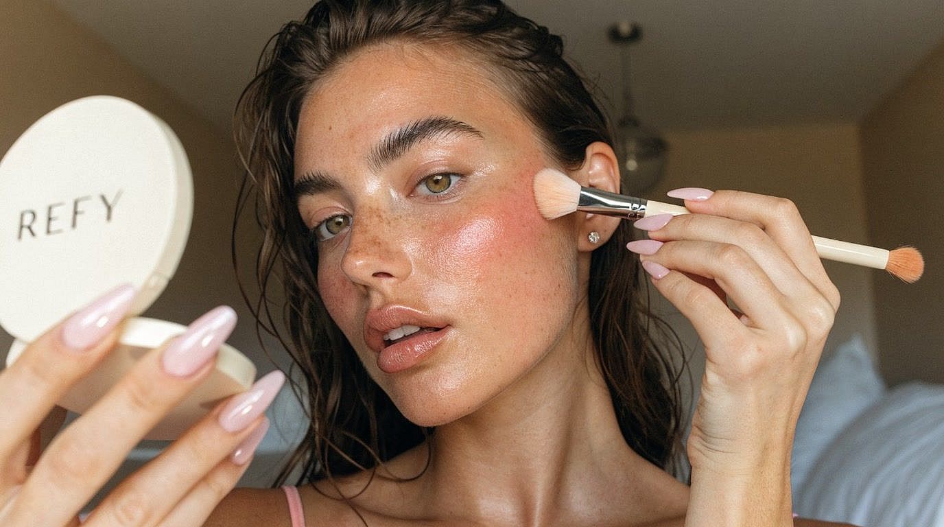 Before: beauty selfie of a woman applying blush with freckled, shiny skin
