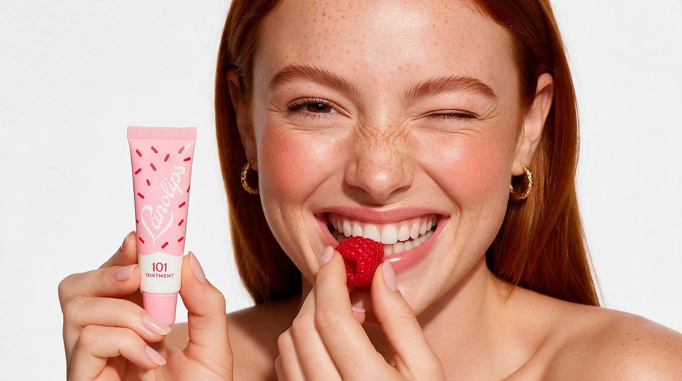 After: the same photo upscaled and enhanced with OpenArt, sharp freckles, skin texture and readable product label