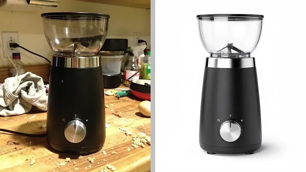 Raw phone photo of a product next to an AI-generated white background Amazon main image