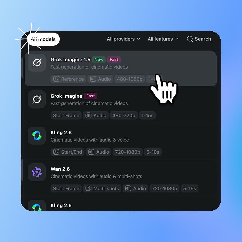 Step 1 of using Grok Imagine Video 1.5 on OpenArt: open the All models list in the AI video generator and select Grok Imagine 1.5