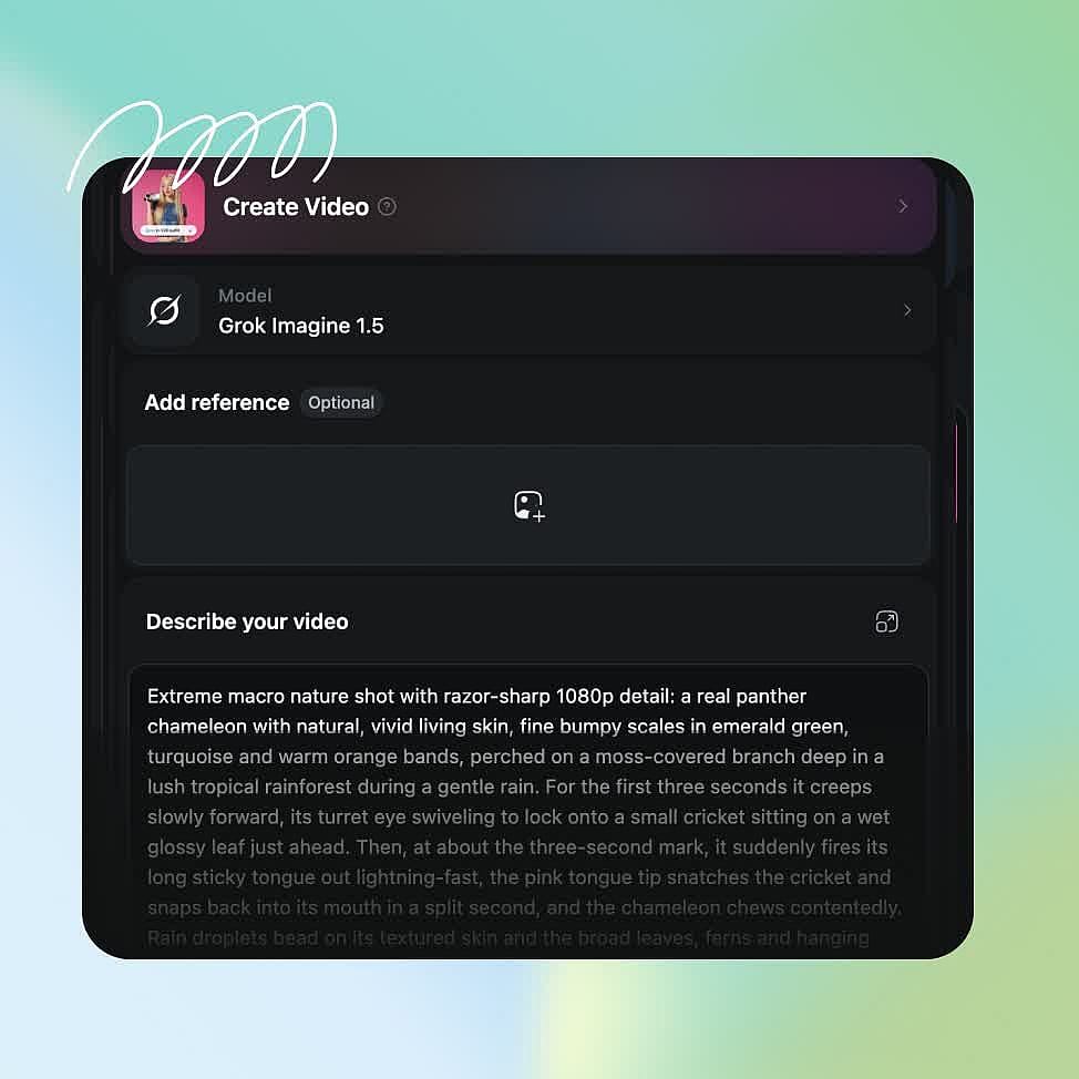 Step 2 of using Grok Imagine Video 1.5 on OpenArt: with Grok Imagine 1.5 selected in Create Video, optionally add a reference image and describe your video in the prompt box